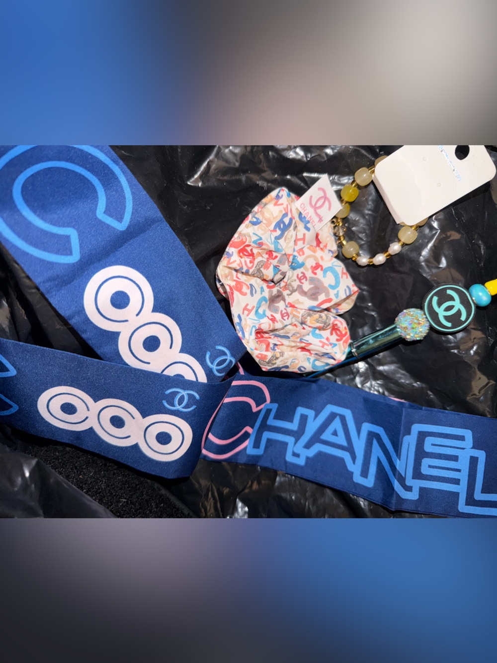 scrunchie, Twilly, home pen, and bracelet